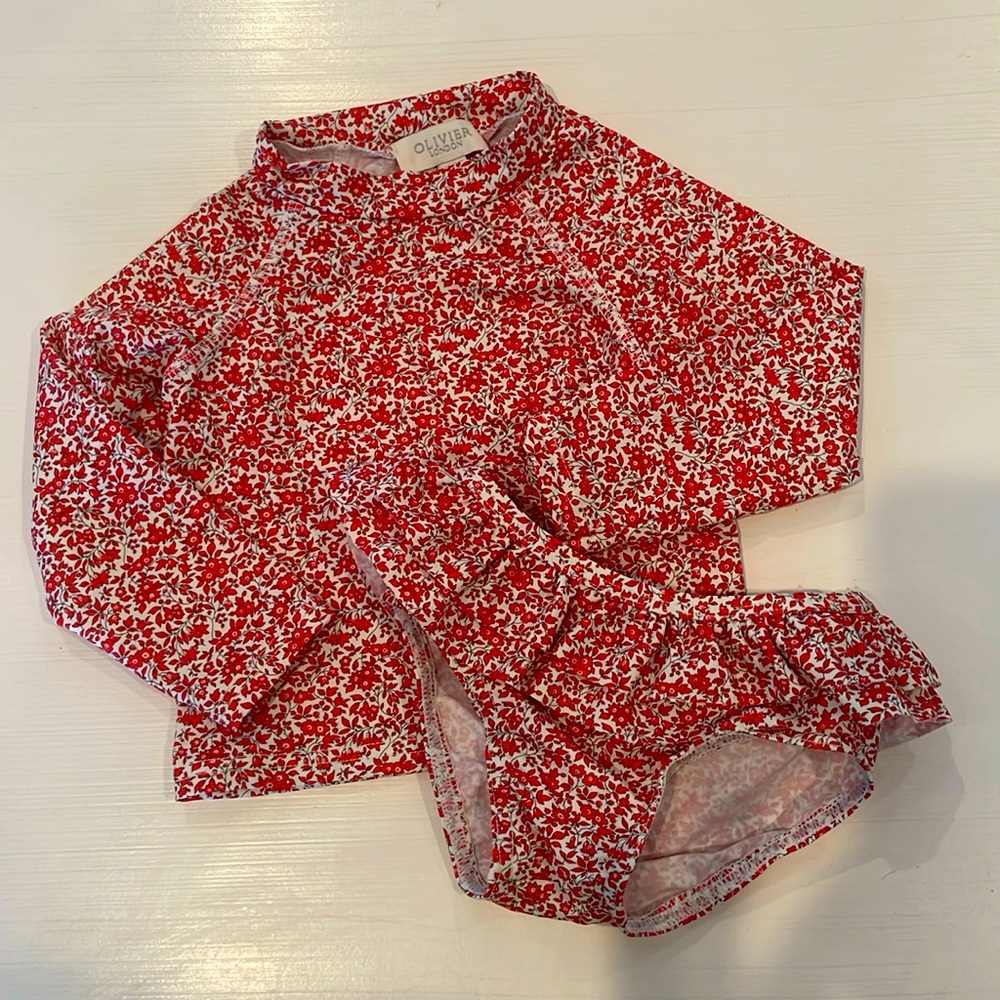 Olivier London Liberty Print Rashguard and Ruffle Bottom Swimsuit Set, 6-12month